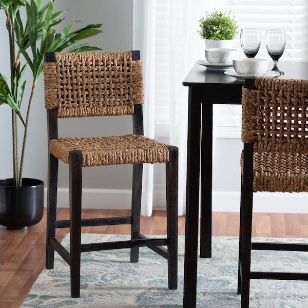 Baxton Studio Alise Modern Bohemian Dark Brown Mahogany Wood and Banana Fiber Counter Stool - 228-13127-ZORO