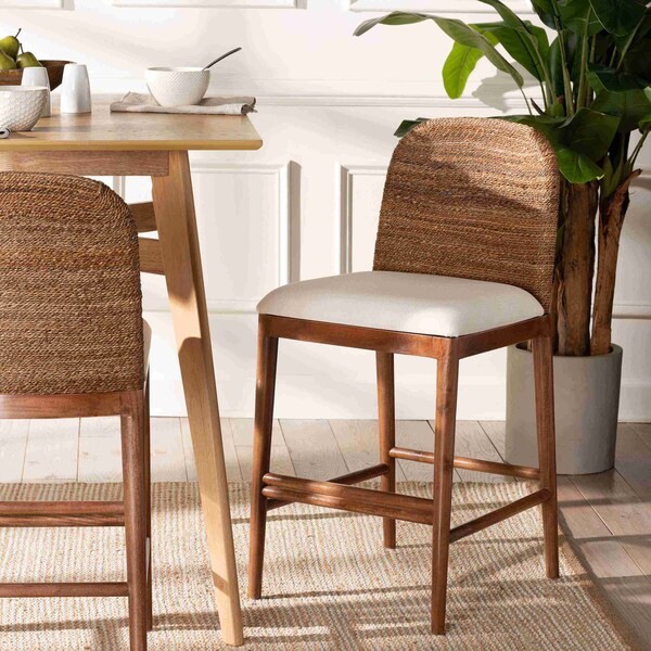 Bali & Pari Nadim Modern Bohemian Seagrass and Acacia Wood Counter Stool - 242-13488-ZORO