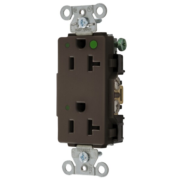 Hubbell Wiring Device-Kellems Straight Blade Devices, Decorator Duplex Receptacle, Hospital Grade, Hubbell-Pro, LED Indicator, 20A 125V, 2-Pole 3-Wire Grounding, 5-20R, Brown - 2182L