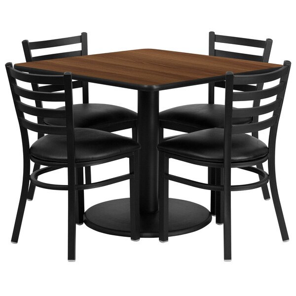 Flash Furniture Square Walnut Table, Blk Seat, Sqr, Rnd Base, 36", 36" W, 36" L, 30" H, Laminate Top, Wood Grain - RSRB1016-GG
