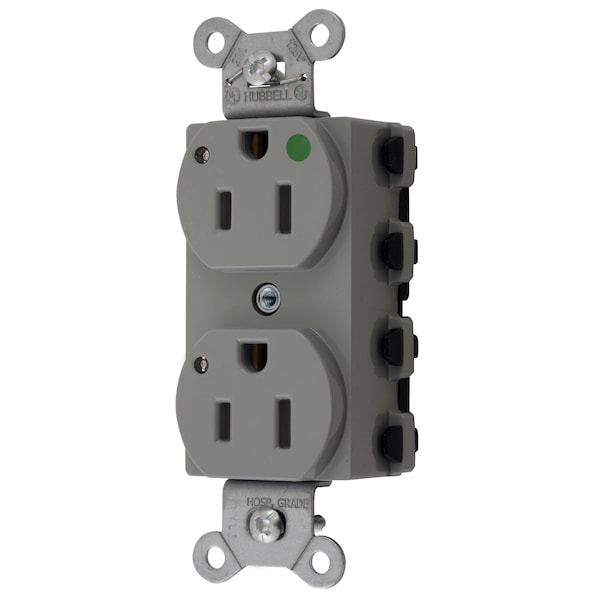 Hubbell Wiring Device-Kellems Straight Blade Devices, Receptacles, Duplex, SNAPConnect, Hospital Grade, LED Indicator, 15A 125V, 2-Pole 3-Wire Grounding, 5-15R, Nylon, Gray - SNAP8200GYL