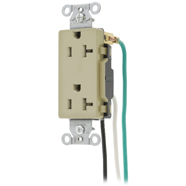 Hubbell Wiring Device-Kellems Straight Blade Devices, Receptacles, Duplex, Decorator/Commercial/Industrial Grade, 20A 125V, 5-20R, Pre-Wired 8" Stranded Leads. - DR20IP2