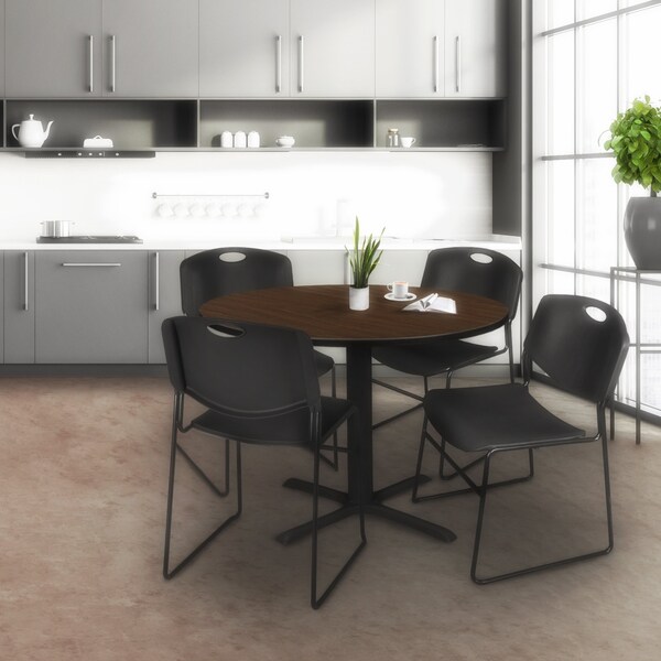 Regency Round Cain Breakroom Table W/ 4 Zeng Stack Chairs, 48 in W, 48 in L, Neo Walnut - TB48RNDNW44BK