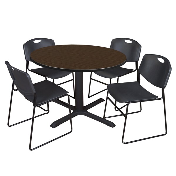 Regency Round Cain Breakroom Table W/ 4 Zeng Stack Chairs, 48 in W, 48 in L, Neo Walnut - TB48RNDNW44BK