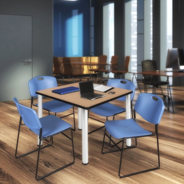 Regency Square Kee Breakroom Table W/ 4 Zeng Stack Chairs, 36 in W, 36 in L, Noble Oak - TB3636NOBPCM44BE