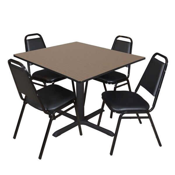 Regency Square Cain Breakroom Table W/ 4 Restaurant Stack Chairs, 48 in W, 48 in L, Noble Oak - TB4848NO29BK
