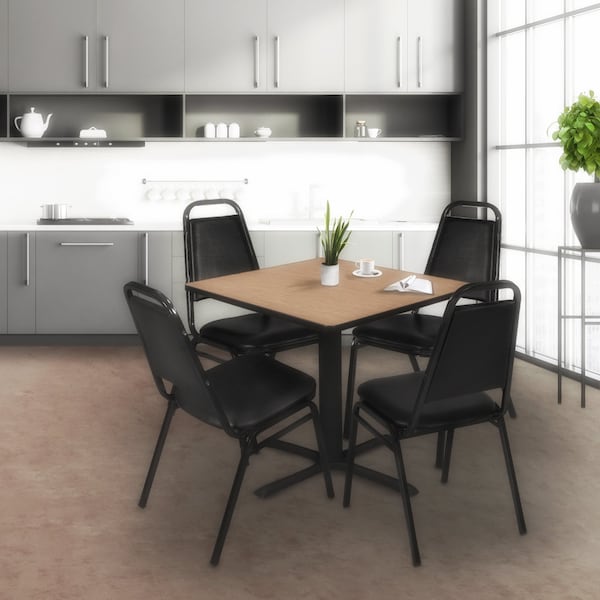 Regency Square Cain Breakroom Table W/ 4 Restaurant Stack Chairs, 48 in W, 48 in L, Noble Oak - TB4848NO29BK