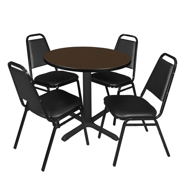 Regency Round Cain Breakroom Table W/ 4 Restaurant Stack Chairs, 30 in W, 30 in L, Neo Walnut - TB30RNDNW29BK
