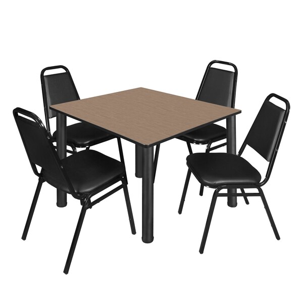 Regency Square Kee Breakroom Table W/ 4 Restaurant Stack Chairs, 48 in W, 48 in L, Noble Oak - TB4848NOBPBK29BK