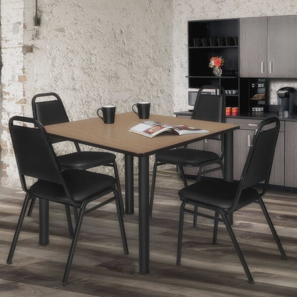 Regency Square Kee Breakroom Table W/ 4 Restaurant Stack Chairs, 48 in W, 48 in L, Noble Oak - TB4848NOBPBK29BK