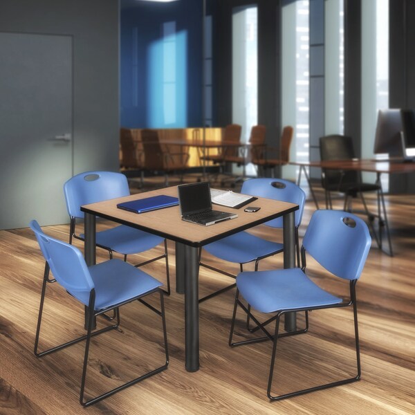 Regency Square Kee Breakroom Table W/ 4 Zeng Stack Chairs, 48 in W, 48 in L, Noble Oak - TB4848NOBPBK44BE
