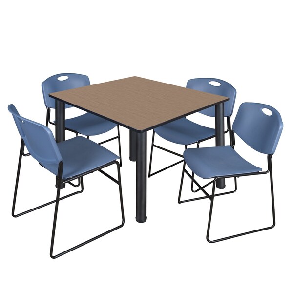 Regency Square Kee Breakroom Table W/ 4 Zeng Stack Chairs, 48 in W, 48 in L, Noble Oak - TB4848NOBPBK44BE