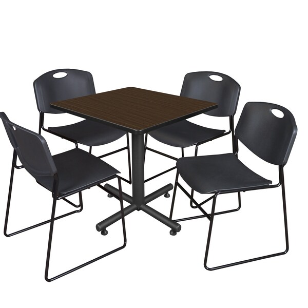 Regency Square Kobe Breakroom Table W/ 4 Zeng Stack Chairs, 30 in W, 30 in L, Neo Walnut - TKB3030NW44BK