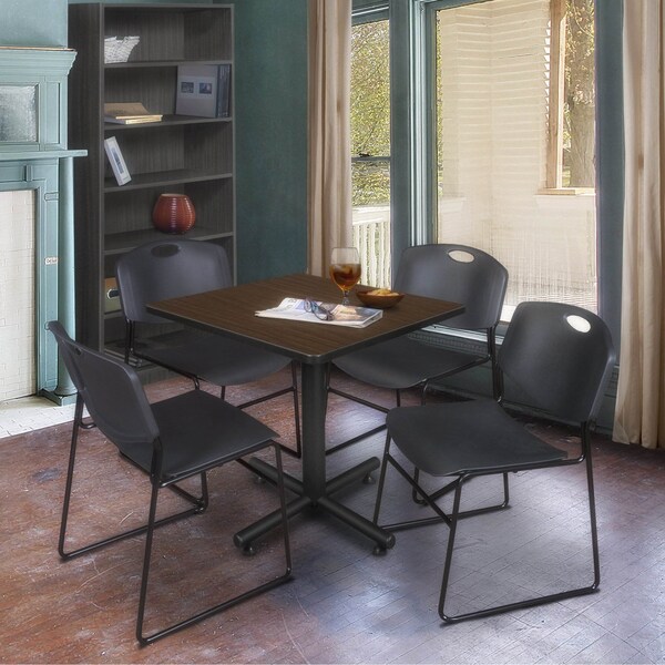 Regency Square Kobe Breakroom Table W/ 4 Zeng Stack Chairs, 30 in W, 30 in L, Neo Walnut - TKB3030NW44BK