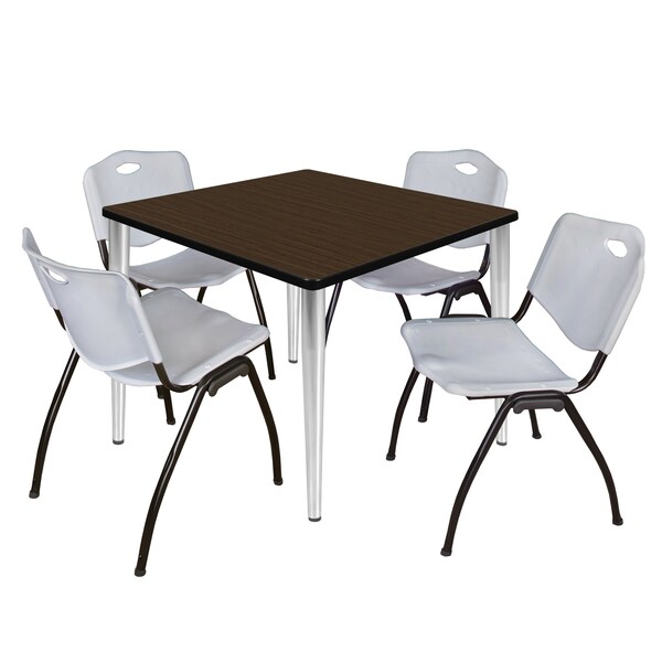 Regency Square Kahlo Breakroom Table W/ 4 M Stack Chairs, 36 in W, 36 in L, Neo Walnut - TPL3636NWCM47GY