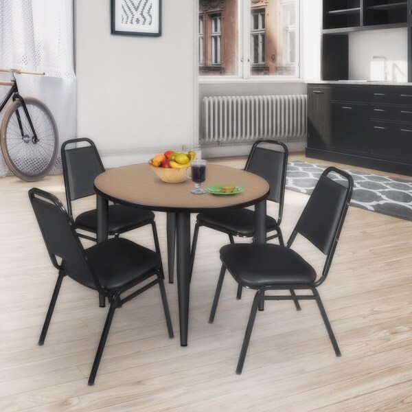 Regency Round Kahlo Breakroom Table W/ 4 Restaurant Stack Chairs, 36 in W, 36 in L, Noble Oak - TPL36RNDNOBK29BK