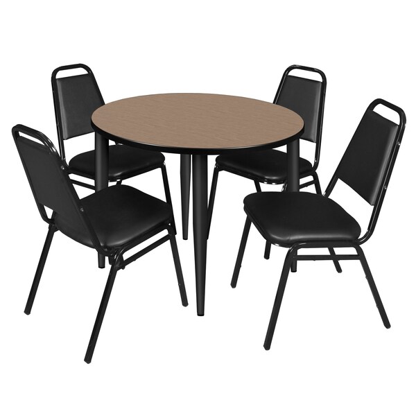 Regency Round Kahlo Breakroom Table W/ 4 Restaurant Stack Chairs, 36 in W, 36 in L, Noble Oak - TPL36RNDNOBK29BK
