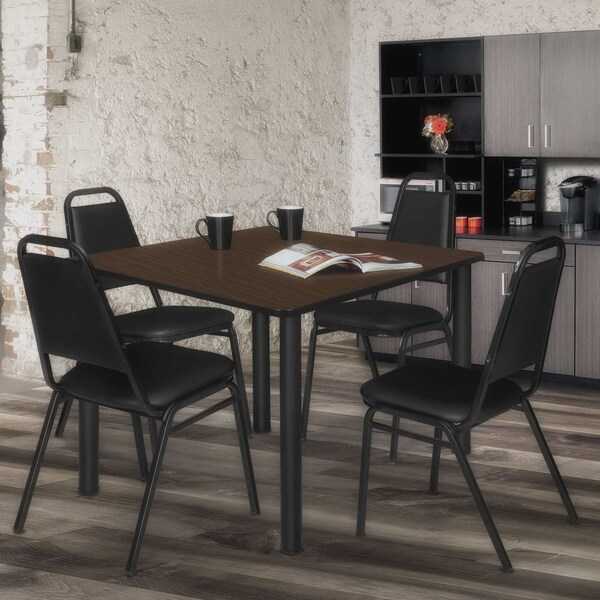 Regency Square Kee Breakroom Table W/ 4 Restaurant Stack Chairs, 42 in W, 42 in L, Neo Walnut - TB4242NWBPBK29BK