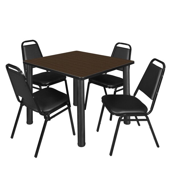 Regency Square Kee Breakroom Table W/ 4 Restaurant Stack Chairs, 42 in W, 42 in L, Neo Walnut - TB4242NWBPBK29BK