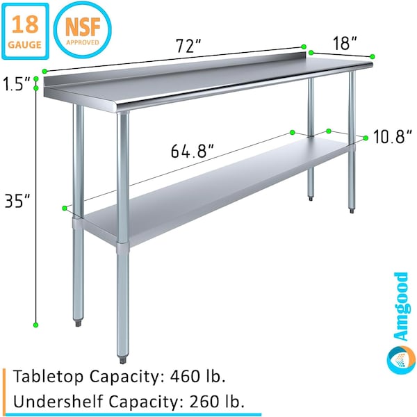 Amgood 18 in. x 72 in. Stainless Steel Work Table with 1.5 in. Backsplash - WT-1872-BS-Z