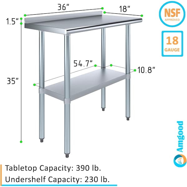 Amgood 18 in. x 36 in. Stainless Steel Work Table with 1.5 in. Backsplash - WT-1836-BS-Z