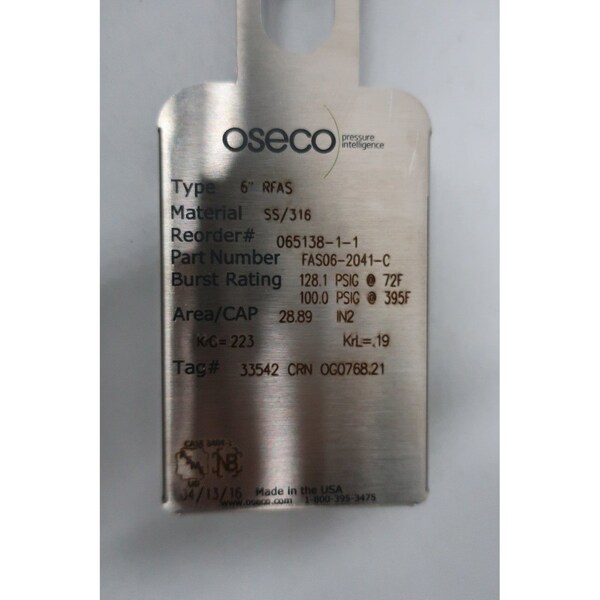 Oseco FAS06-2041-C at 72F 128.1PSI 6IN RUPTURE DISC - RFAS