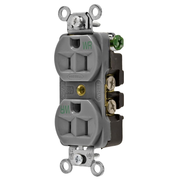 Hubbell Wiring Device-Kellems Straight Blade Devices, Weather Resistant Receptacles, Duplex, Commercial/Industrial Grade, 2-Pole 3-Wire Grounding, 15A 125V, 5-15R, Gray - 5262GYWR