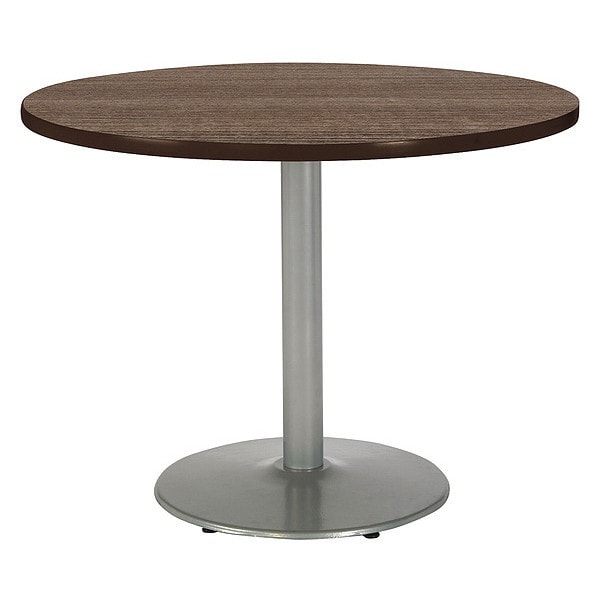 Kfi Round Ped Table, Studio Teak/Silver, 48"Dx29", 29" (Cafe Height) H, HPL Top, Studio Teak - T48RD-B1930-SL-7960K