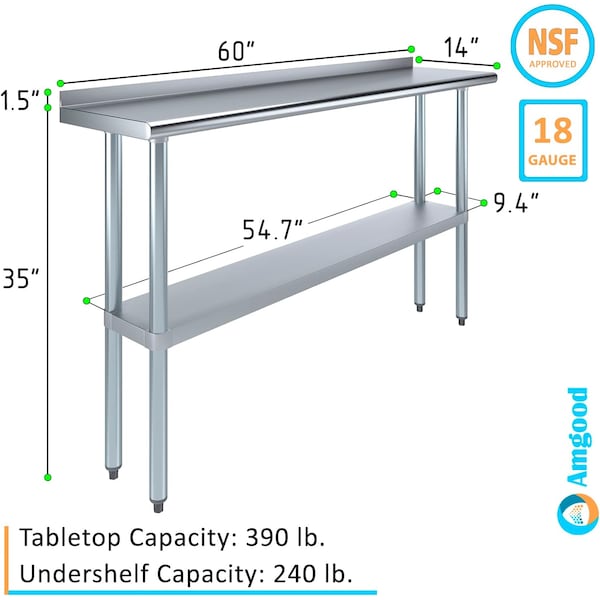 Amgood 14 in. x 60 in. Stainless Steel Work Table with 1.5 in. Backsplash - WT-1460-BS-Z