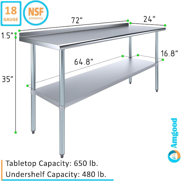 Amgood 24 in. x 72 in. Stainless Steel Work Table with 1.5 in. Backsplash - WT-2472-BS-Z