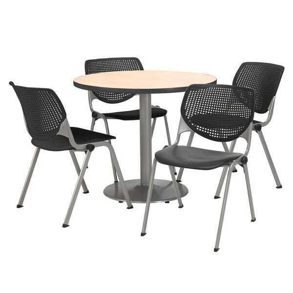 Kfi Round KFI Round 36" Dia. Pedestal Table with 4 Black KOOL Series Stack Chairs, Natural Laminate Top - T36RD-B1922SL-NA-2300-P10