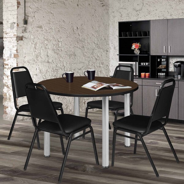 Regency Round Kee Breakroom Table W/ 4 Restaurant Stack Chairs, 48 in W, 48 in L, Neo Walnut - TB48RNDNWBPCM29BK
