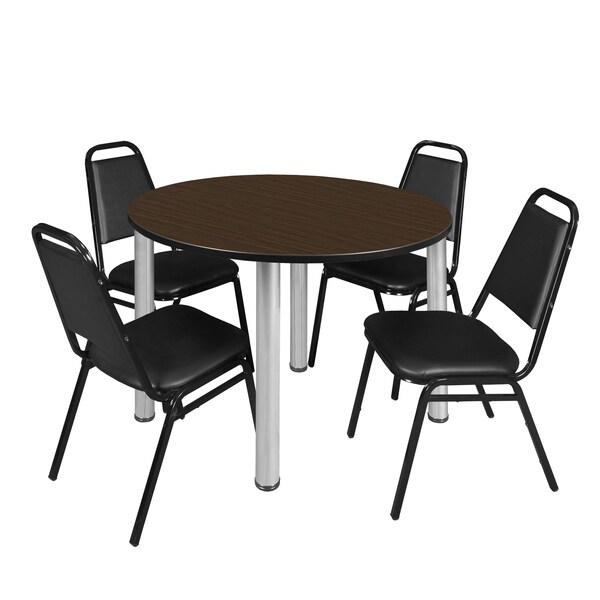 Regency Round Kee Breakroom Table W/ 4 Restaurant Stack Chairs, 48 in W, 48 in L, Neo Walnut - TB48RNDNWBPCM29BK