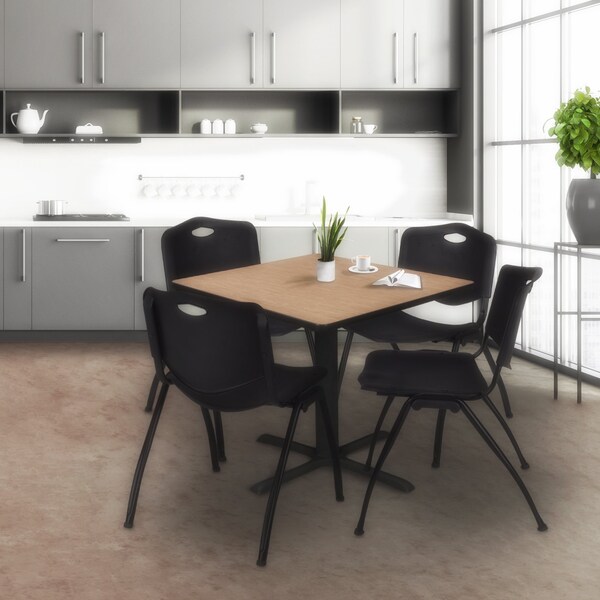 Regency Square Cain Breakroom Table W/ 4 M Stack Chairs, 36 in W, 36 in L, Noble Oak - TB3636NO47BK