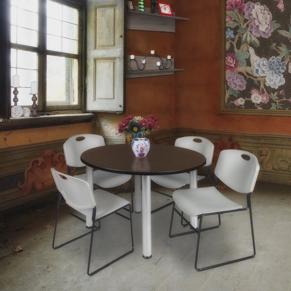 Regency Round Kee Breakroom Table W/ 4 Zeng Stack Chairs, 48 in W, 48 in L, Neo Walnut - TB48RNDNWBPCM44GY