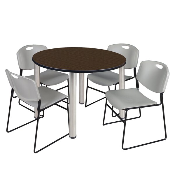 Regency Round Kee Breakroom Table W/ 4 Zeng Stack Chairs, 48 in W, 48 in L, Neo Walnut - TB48RNDNWBPCM44GY