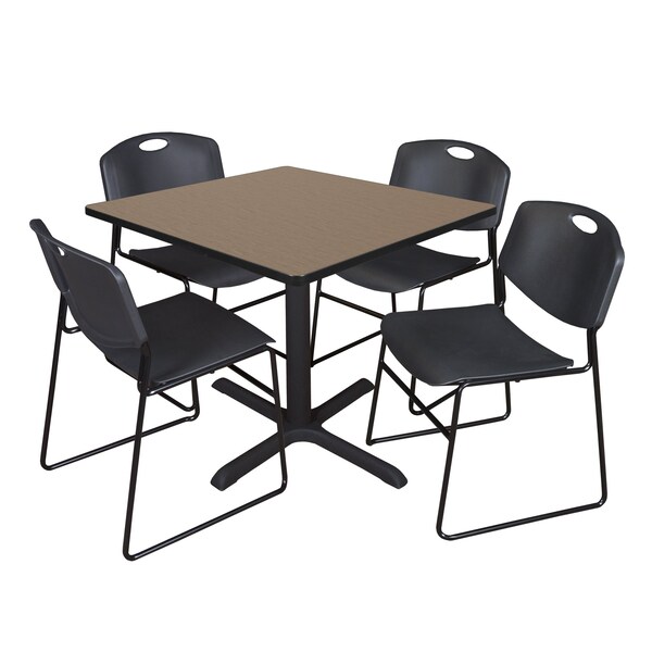 Regency Square Cain Breakroom Table W/ 4 Zeng Stack Chairs, 36 in W, 36 in L, Noble Oak - TB3636NO44BK