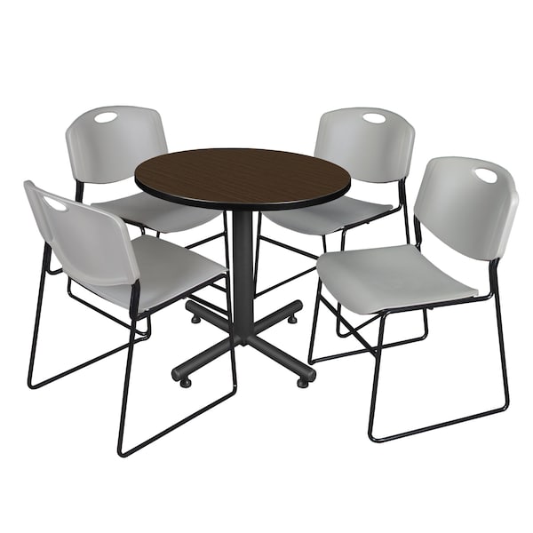 Regency Round Kobe Breakroom Table W/ 4 Zeng Stack Chairs, 30 in W, 30 in L, Neo Walnut - TKB30RNDNW44GY