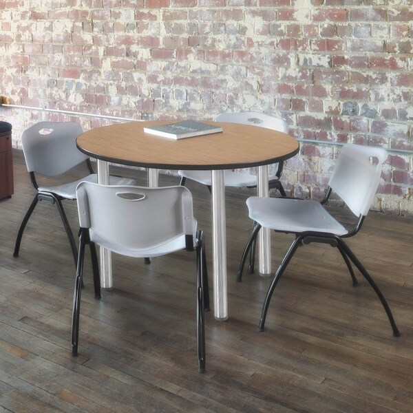 Regency Round Kee Breakroom Table W/ 4 M Stack Chairs, 48 in W, 48 in L, Noble Oak - TB48RNDNOBPCM47GY