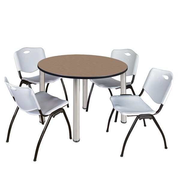 Regency Round Kee Breakroom Table W/ 4 M Stack Chairs, 48 in W, 48 in L, Noble Oak - TB48RNDNOBPCM47GY