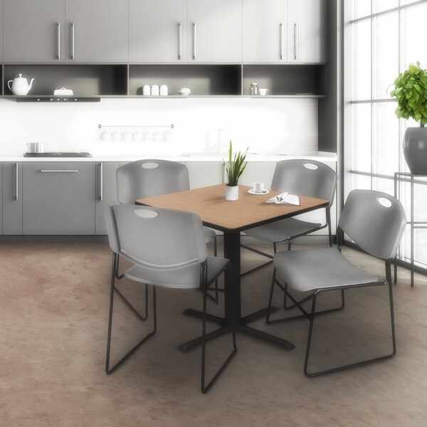 Regency Square Cain Breakroom Table W/ 4 Zeng Stack Chairs, 42 in W, 42 in L, Noble Oak - TB4242NO44GY