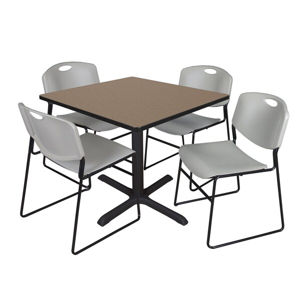 Regency Square Cain Breakroom Table W/ 4 Zeng Stack Chairs, 42 in W, 42 in L, Noble Oak - TB4242NO44GY
