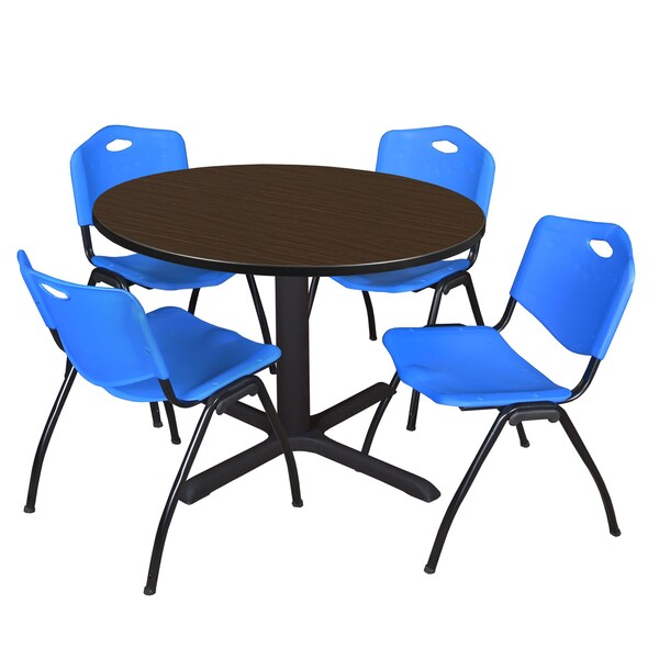 Regency Round Cain Breakroom Table W/ 4 M Stack Chairs, 48 in W, 48 in L, Neo Walnut - TB48RNDNW47BE