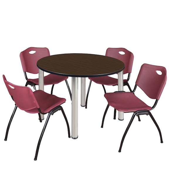 Regency Round Kee Breakroom Table W/ 4 M Stack Chairs, 42 in W, 42 in L, Neo Walnut - TB42RNDNWBPCM47BY