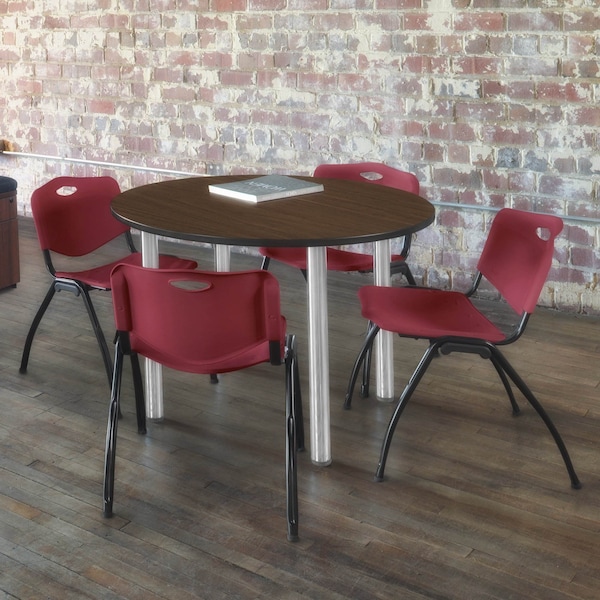Regency Round Kee Breakroom Table W/ 4 M Stack Chairs, 42 in W, 42 in L, Neo Walnut - TB42RNDNWBPCM47BY