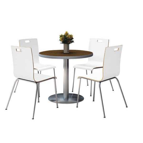 Kfi Round KFI Round 36" Dia. Pedestal Table with 4 White Stacking Bentwood Chairs, Walnut Laminate Top - T36RD-B1922SL-WL-9222CH-WH