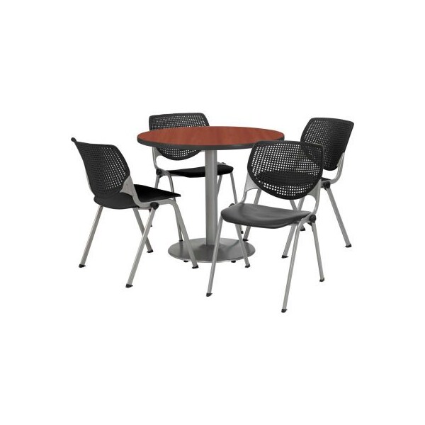 Kfi 42" Round Dining Table & Chair Set, Mahogany Table With Black Plastic Chairs - T42RD-B1922SL-MH-2300-P10