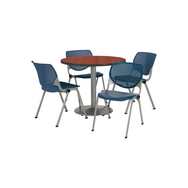 Kfi 42" Round Dining Table & Chair Set, Mahogany Table With Navy Plastic Chairs - T42RD-B1922SL-MH-2300-P03
