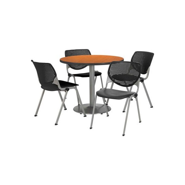 Kfi 42" Round Dining Table & Chair Set, Oak Table With Black Plastic Chairs - T42RD-B1922SL-MO-2300-P10