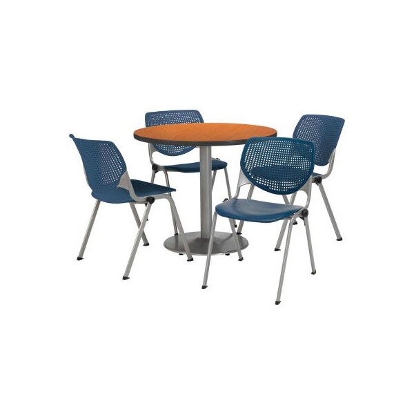 Kfi 42" Round Dining Table & Chair Set, Medium Oak Table With Navy Plastic Chairs - T42RD-B1922SL-MO-2300-P03